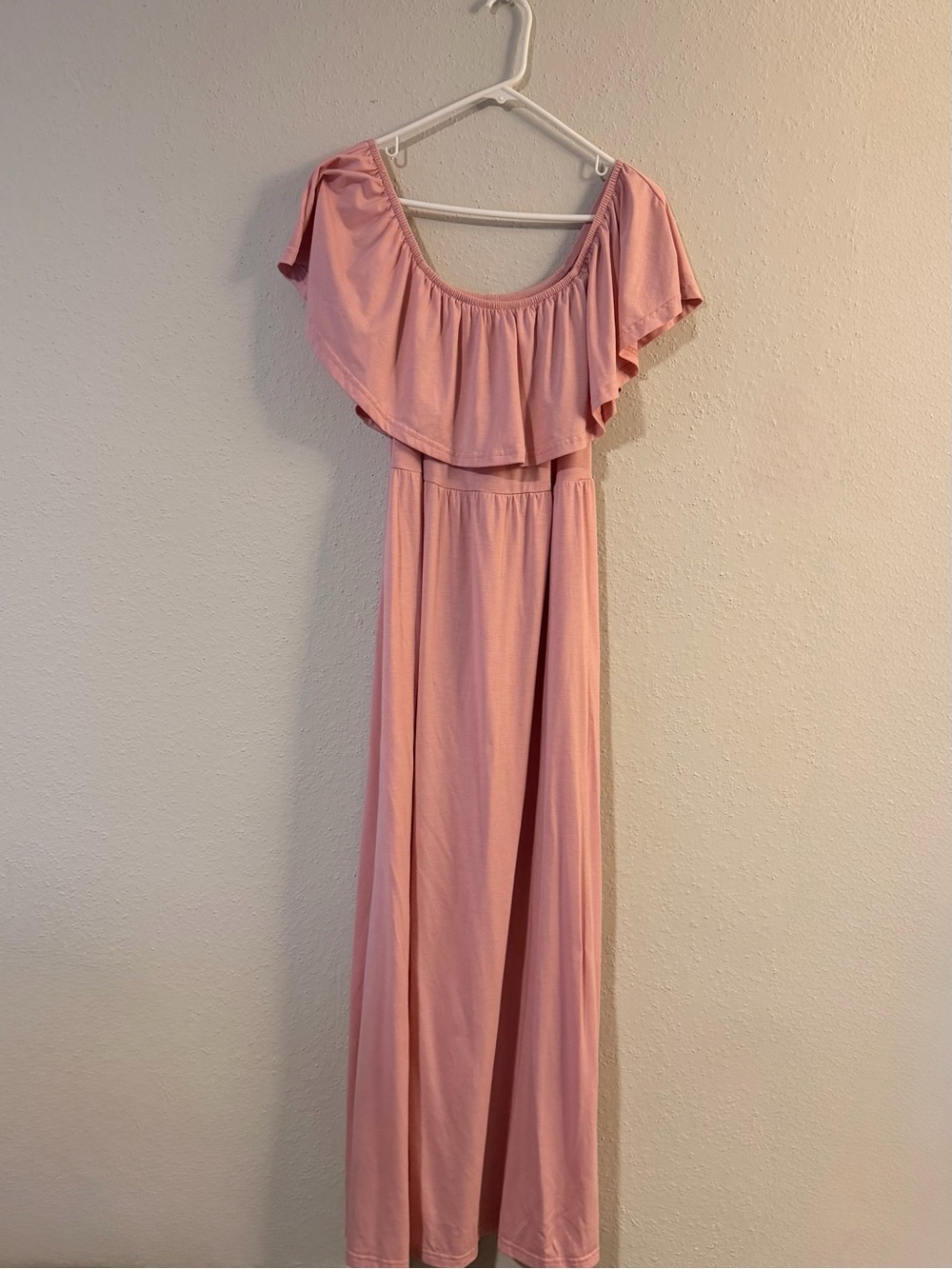 Blush Off-Shoulder Maxi Dress with Ruffle Yoke